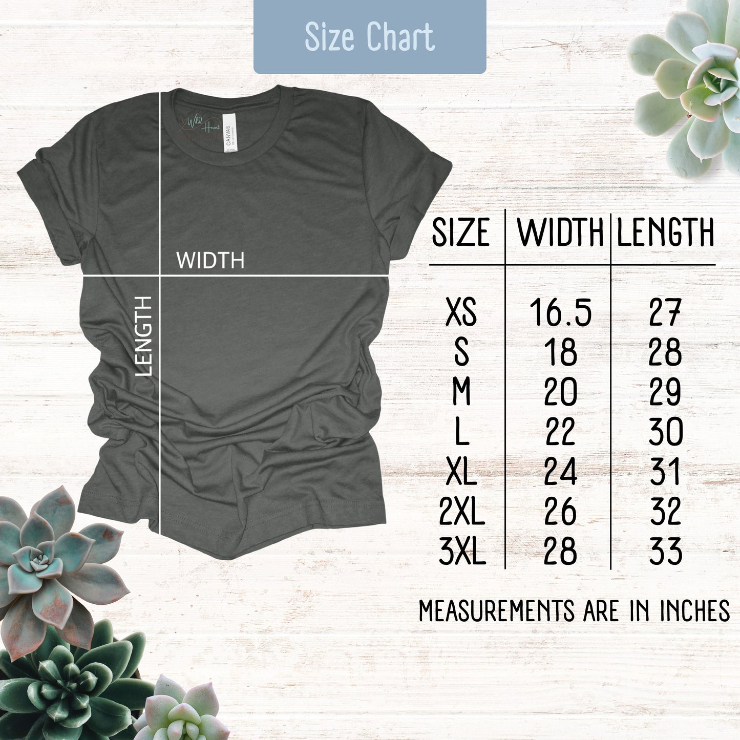 Size chart for a gray t-shirt with measurements on a light wooden background